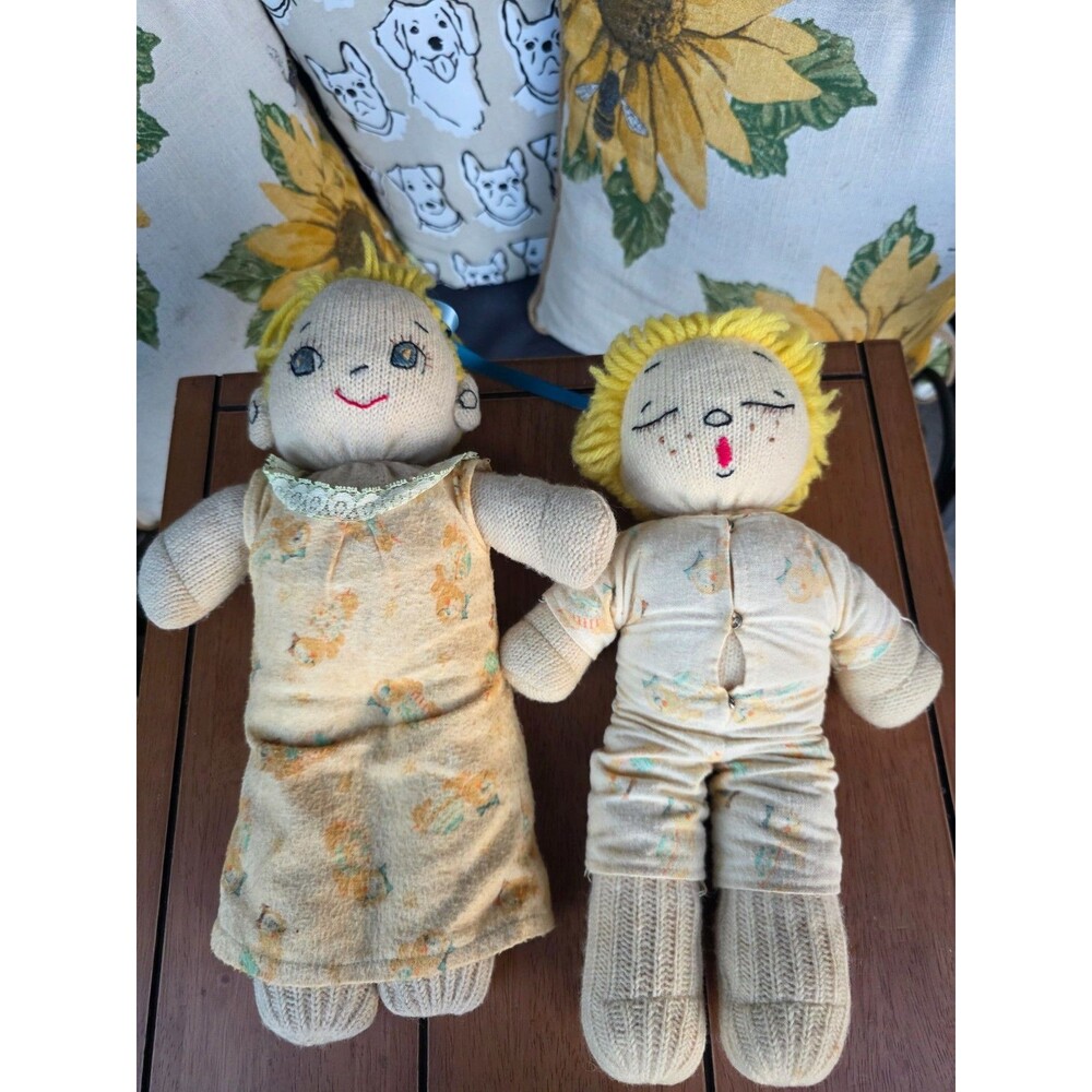 Vintage Knit Cloth Dolls Boy & Girl Pair Yellow Hair Yellow Animal Print Outfit